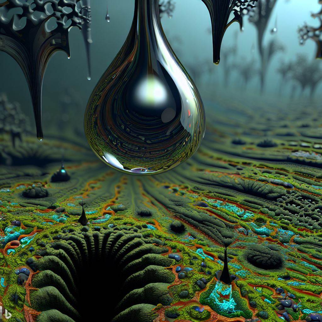 4 - a 3d hyper-real raindrop falling toward a mossy lichen-encrusted fractal rainforest floor that contains a mysterious - jubilant recursion mirror Escheresque convulsions -.jpg
